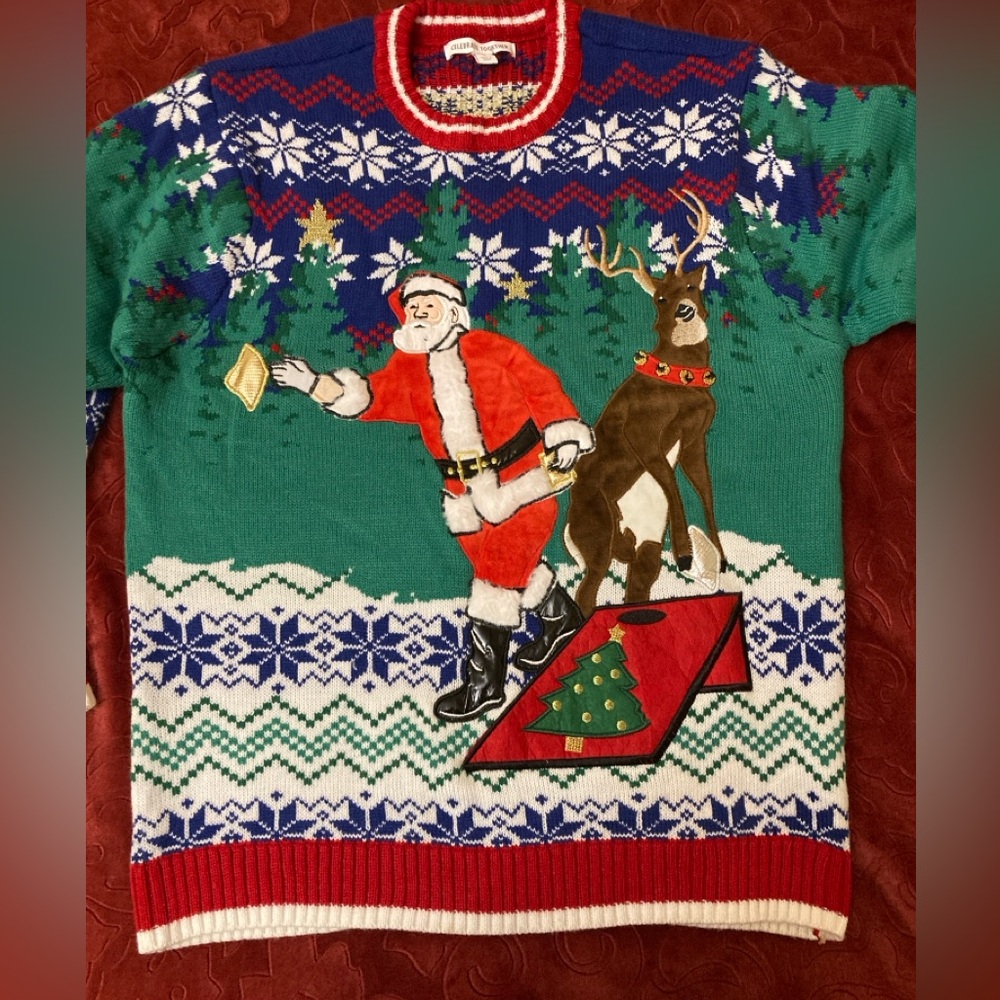Christmas Sweater Santa Reindeer Corn Hole Games Colorful Nordic Sz L